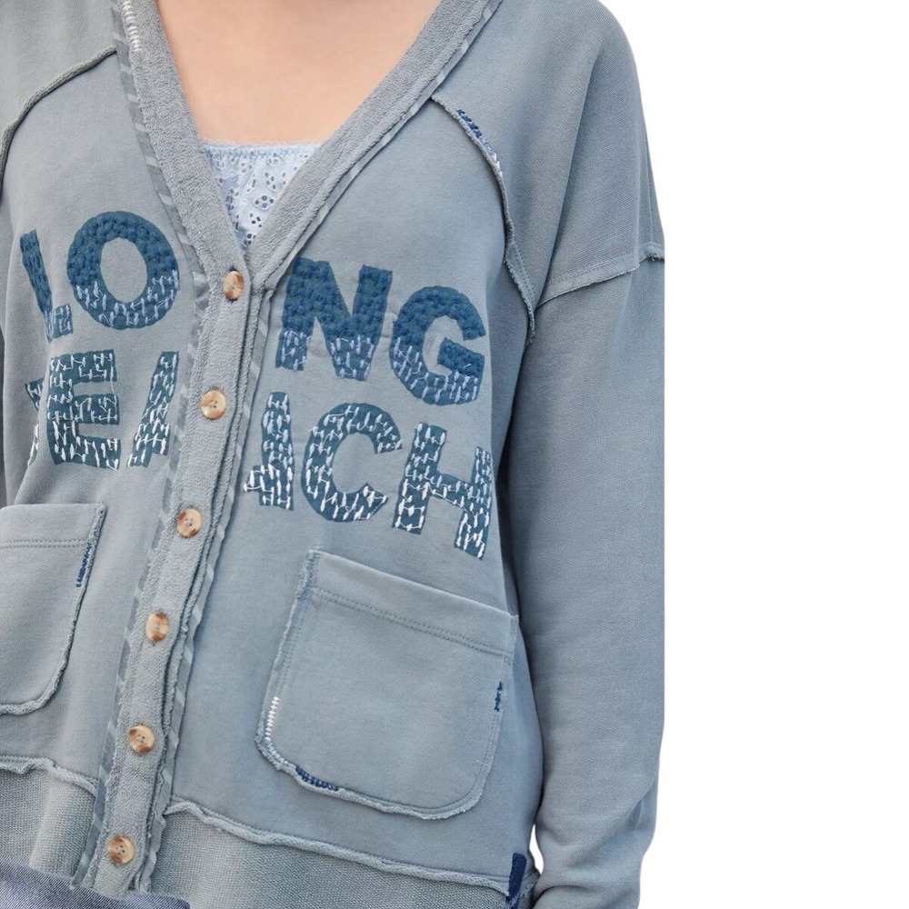 Pilcro Varsity Cardigan Long Beach Graphic Oversized Green Womens Size L Cozy - Picture 2 of 12